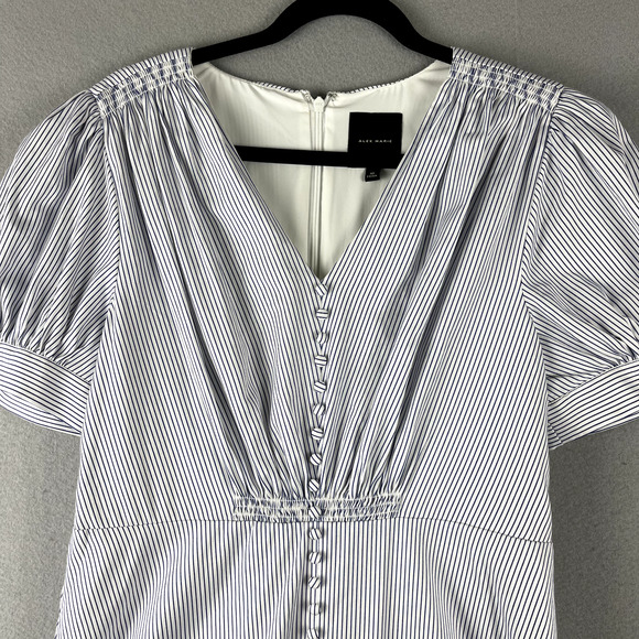 Alex Marie Fit Flare Dress Womens 10 Pinstripe Cinch Puff Sleeve Classy Minimal - Picture 2 of 14